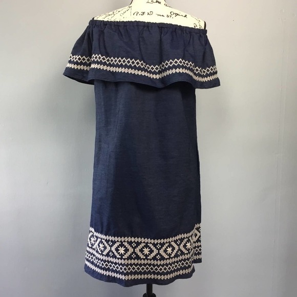 𝅺dressbarn Westport Off the Shoulder Flounce Embroidered Chambray Dress Size S - Picture 6 of 12